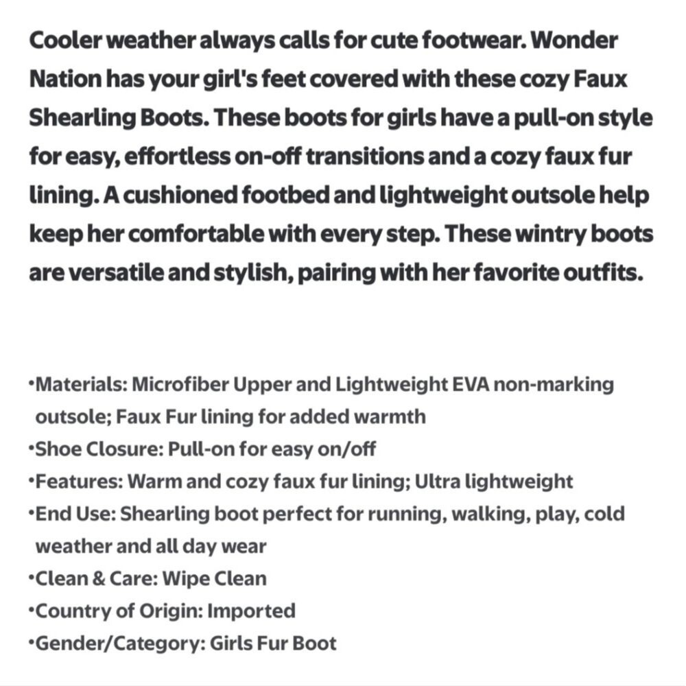 Wonder Nation Girls Faux Fur Shearling Boot Size 3 - Picture 9 of 9